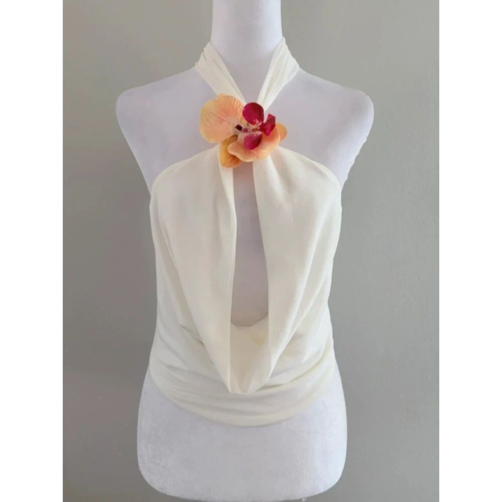Women's 3D Flower Sexy Halter Top Draped Front Tie Backless Sleeveless Tank Tops